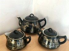 Vintage Japanese KUTANI eggshell china TEAPOT,JUG & BOWL, black Gold dragonware