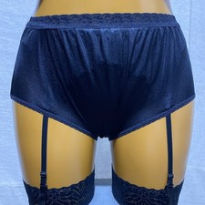 Hanes Full Bum Knickers/Panties, Black Slippery Glossy Nylon & Lace, Size UK 14