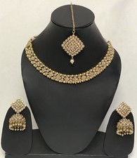 Asian Party Wear Necklace Set GOLD Colour Earring Tikka Bridal Indian Jewel Set