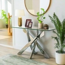 120cm Glass Console Table with Clear Tempered Glass and Chrome Cross Legs UK