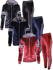 Womens Ladies Velour Velvet Hooded Top Trousers Stripe Panel 2PCS Tracksuit Set