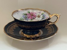 Royal Stafford Bone China Tea Cup & Saucer – Black & Gold w/ Floral Interior –