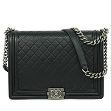 CHANEL Boy 30 Large Leather Chain Shoulder Crossbody Bag Black Silver