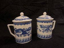 Rare Set Chinese Dragon Coffee Mugs with Lids 2 Porcelain China Tea Cups