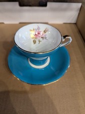 AYNSLEY tea cup & saucer aqua blue corset  pink rose  inside teacup 1930s