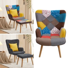 2-Piece Multicolour Patched Fabric Armchair Tufted Accent Chair With Ottoman Set
