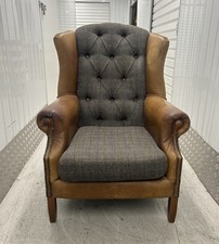 Leather & Harris Tweed Wingback Armchair By Vintage Sofa Company