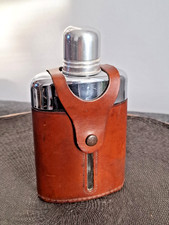 Vintage 20th Century Chrome, Glass and Leather Hip Flask - Made in England