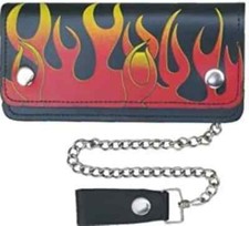 Men's Leather Motorcycle Orange Flames Trucker Biker Bi- Fold Chain Wallet