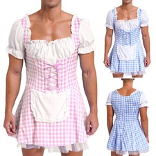 UK Mens French Maid Uniform Outfit Set Satin Lace Waiter Fancy Dress Costume