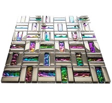 Blue Green Red Rainbow Glass Metal Chrome Silver Mosaic Wall Tiles 30 x 30cm