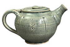 St Agnes Studio Pottery Teapot Green Glaze & Incised impressed Deco MINT UNUSED