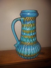 Vintage West German Pottery Carstens Tonnieshof Handled Vase Blue / Green Glaze 