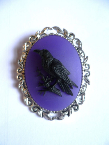Gothic raven brooch purple - gothic,
