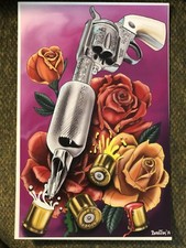 Art Print 11”x17” Tattoo Revolver Gun Mash-up Bullet Ink Caps Roses By Boss Tom