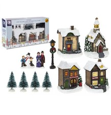 12 Piece Mini Light Up Village Christmas Scene Resin Houses Figurines With Trees