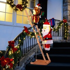 5.5 FT Lighted Reindeer & Santa Claus on Ladder Xmas Holiday Decoration