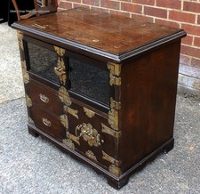 Antique style Chinese elm brass cash coin inlaid side apothecary chest cabinet