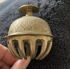 Brass Indian Temple Claw Bell Etched leaves Flowers  Vintage Stamped INDIA 