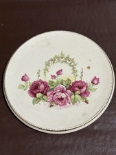Vintage Round Teapot Stand Roses Floral with Gold Edging