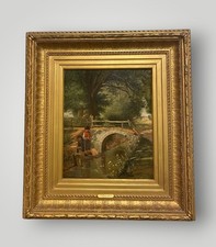 Victorian Oil Painting by Charles Hunt – Boys Fishing Country Scene c.1890