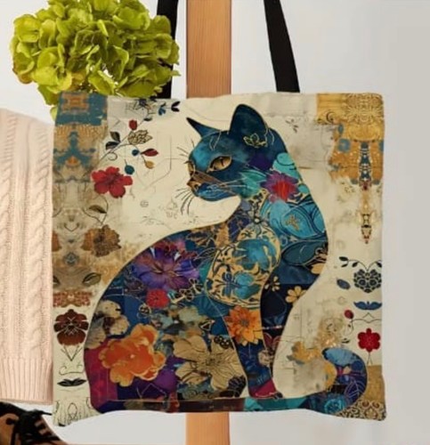 Cat floral tote shopping - tote, bag