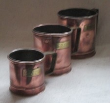 Antique set of 3 copper grain measures brass handles