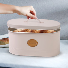 Bread Bin Box Kitchen Storage Food Container Lid Handle Large Steel Loaf Cream