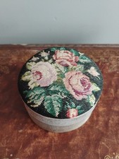Victorian Silk Needlepoint Sewing Box Round Lined Pin Cushion Hand Stitched Rose