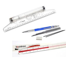 Rolling Ruler Triangular Scale Mechanical Clutch Pencil 2mm Leads and Eraser Set