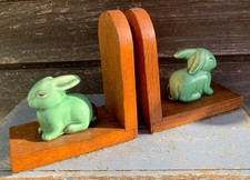 Vintage green art deco ceramic rabbits odd ears one up and one down bookends oak