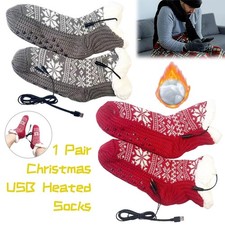Christmas USB Heated Knitted Socks Non Slip Fluffy Slipper Plush Floor Socks UK