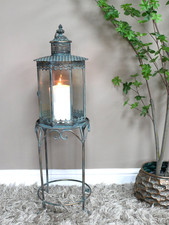 Large Moroccan Style Floor Lantern with Stand Antique Blue Metal Candle Holder