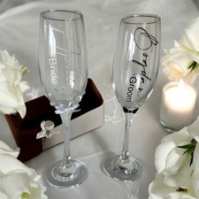 Personalised Pearl Bride & Groom Champagne Glasses. In Gift Box.