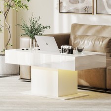 Extendable Coffee Table with LED Lights and Hidden Storage, High Gloss White