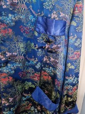 Vintage Oriental Tea Hse Fishing Men's Chinese Blue Silk Smoking Jacket Chest 42