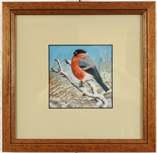 DENNIS GREEN ORIGINAL SIGNED BULLFINCH IN SNOW BIRD ART WATERCOLOUR PAINTING