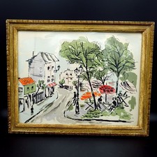 Vintage Mid Century French Street Cafe Original Gouache Painting On Silk Framed