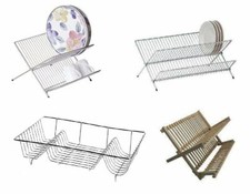FOLDING DISH DRAINERS PLATE RACKS HOLDER DRYER KITCHEN CUTLERY CHROME AND WOODEN