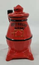 VINTAGE 'Pot Belly Bank' Red Ceramic Stove Coin Bank  Made In Japan