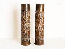 WWI Trench Art Shell Vase Pair French Art Nouveau Lily Design 75 DE C Shell Case
