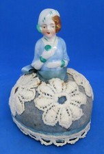 Porcelain vintage Art Deco antique half doll pin cushion figurine with base