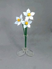 Vintage 3 Art Glass Daffodils  Flowers In Glass Vase.