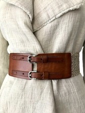 Linea Pelle Leather Double Buckle Belt: Gold braided Elastic Stretch