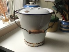vintage enamel bucket with lid retro white with blue trim kitchen bathroom 