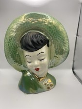 Vintage Royal Copley Wall Pocket Green Girl Lady Head Vase Planter 1940s 50s 
