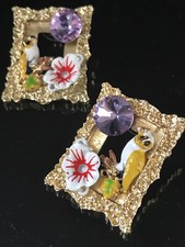 Gold Picture Frame Cermaic Bird Flower Earring Purple Asymmetrical French Design