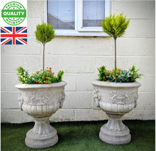 Pair of Large Lion Stone Vases Pots Planters Garden Cast Ornaments