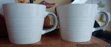 Tesco X 2 White and Grey Mugs Ribbed Large Fine China Coffee Tea Cups Matching 