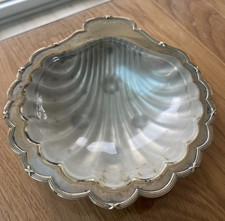 Vintage Silver Plate Art Deco OpenScallop Clam Shell  Caviar Butter Glass Dish